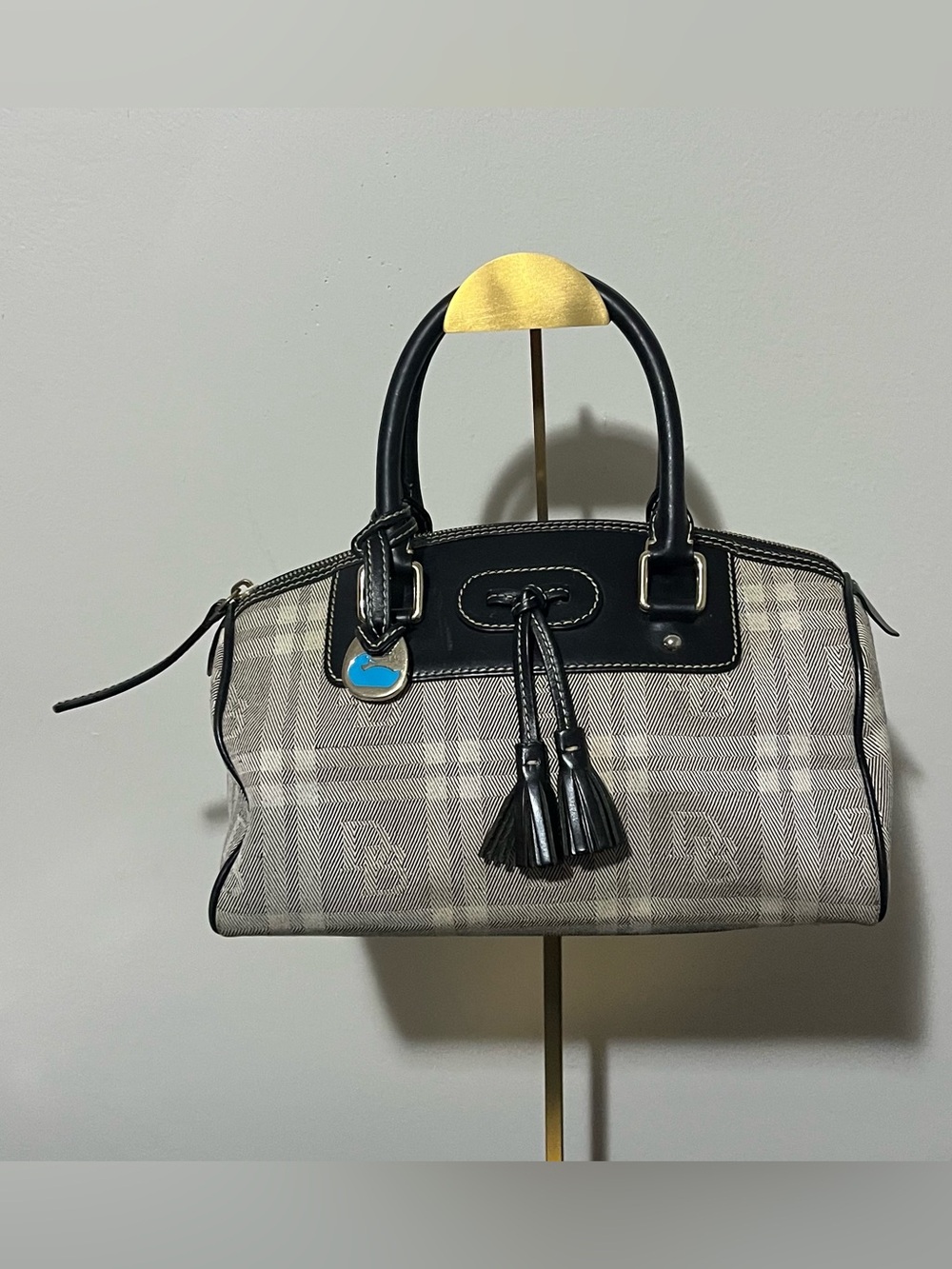 Dooney and Bourke Cream and Gray Plaid Satchel with Black Leather Trim